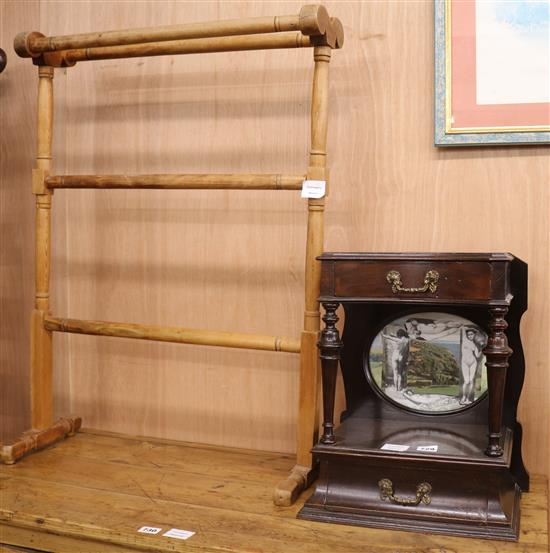 A Victorian ebonised two tier bedside table and a towel rail W.34cm and W.62cm